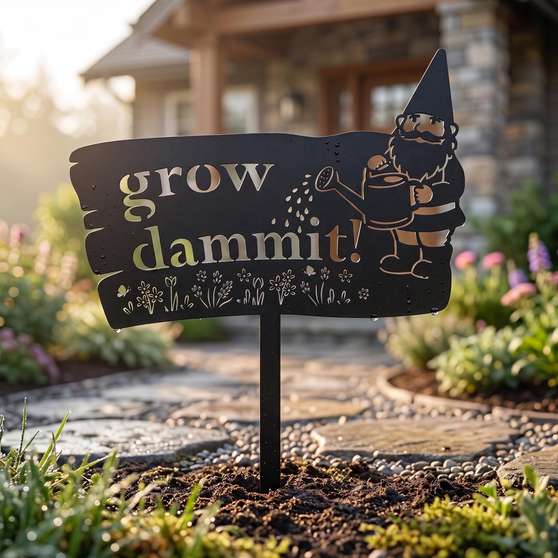 Funny Metal Garden Sign, Grow Dammit Yard Stake, Garden Gnome Outdoor Decor, Humorous Housewarming Gift