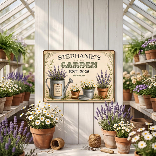 Personalized Garden Metal Sign, Custom Name Outdoor Wall Decor, Vintage Floral Yard Art, Lavender Garden Decoration