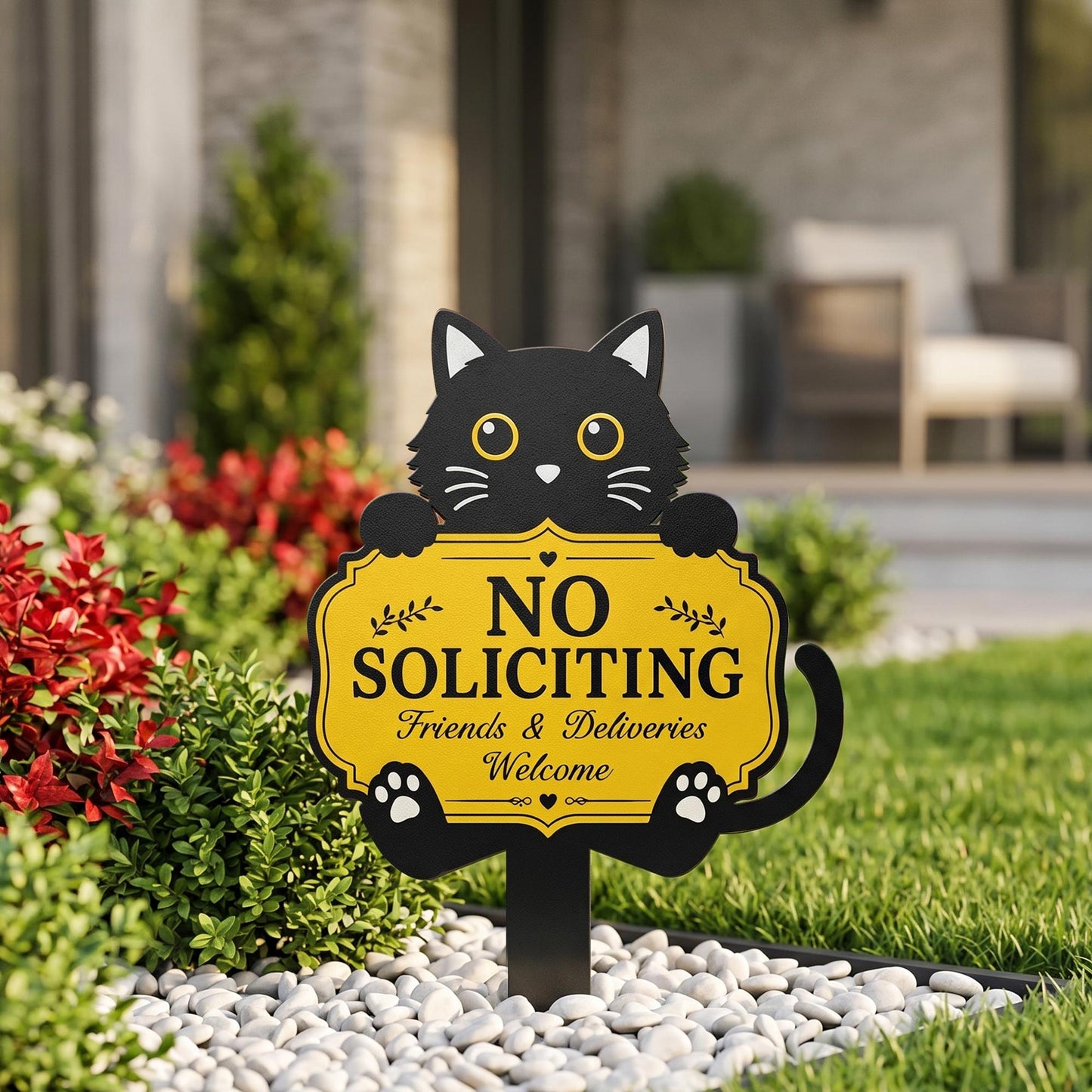 Funny Black Cat No Soliciting Sign, Metal Garden Stake for Cat Lovers, Outdoor Welcome Sign, Decorative Yard Art, Housewarming Gift