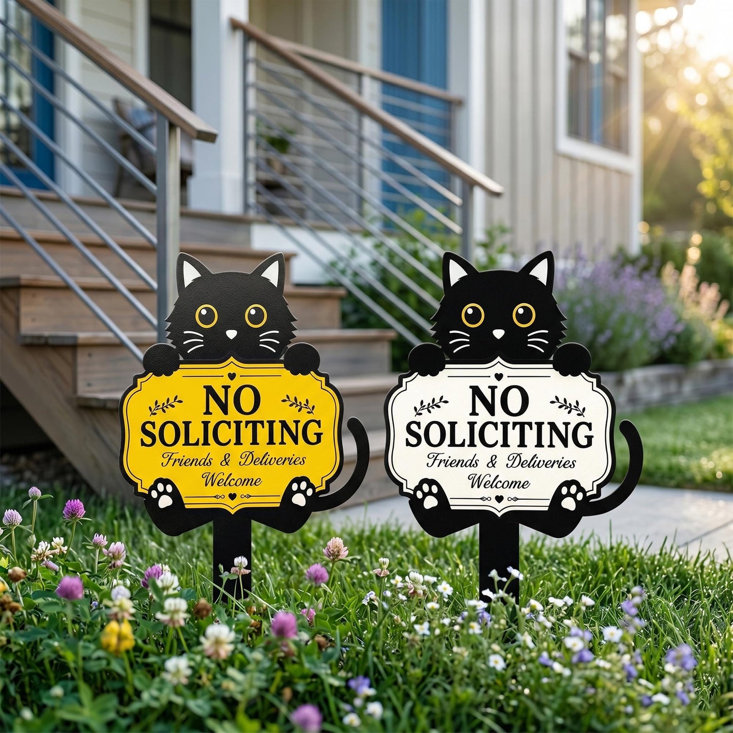 Funny Black Cat No Soliciting Sign, Metal Garden Stake for Cat Lovers, Outdoor Welcome Sign, Decorative Yard Art, Housewarming Gift