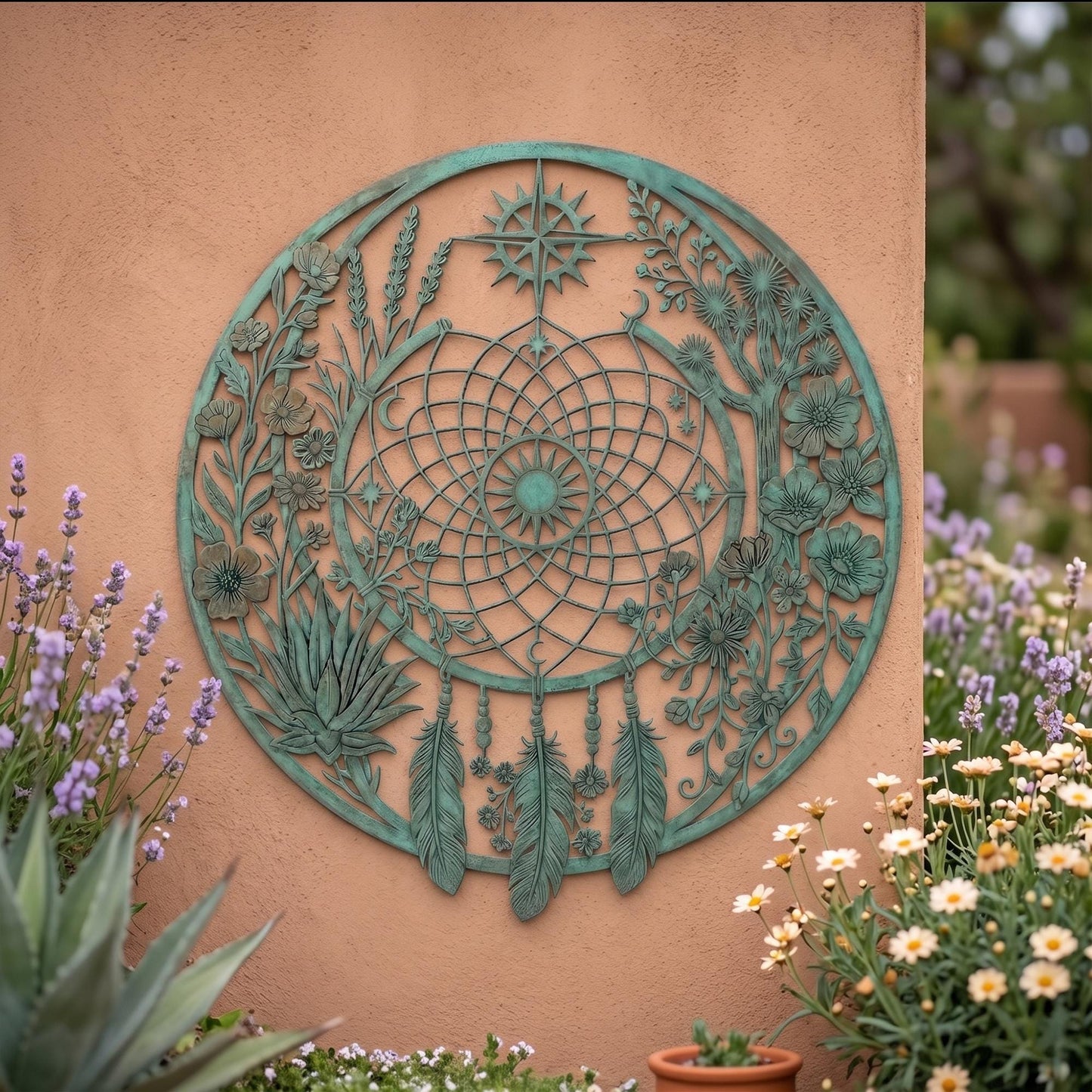 Metal Dreamcatcher Wall Art, Large Round Garden Decor, Outdoor Wall Hanging, Metal Feather and Flower Art, Decorative Patio Ornament