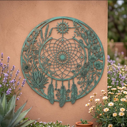 Metal Dreamcatcher Wall Art, Large Round Garden Decor, Outdoor Wall Hanging, Metal Feather and Flower Art, Decorative Patio Ornament