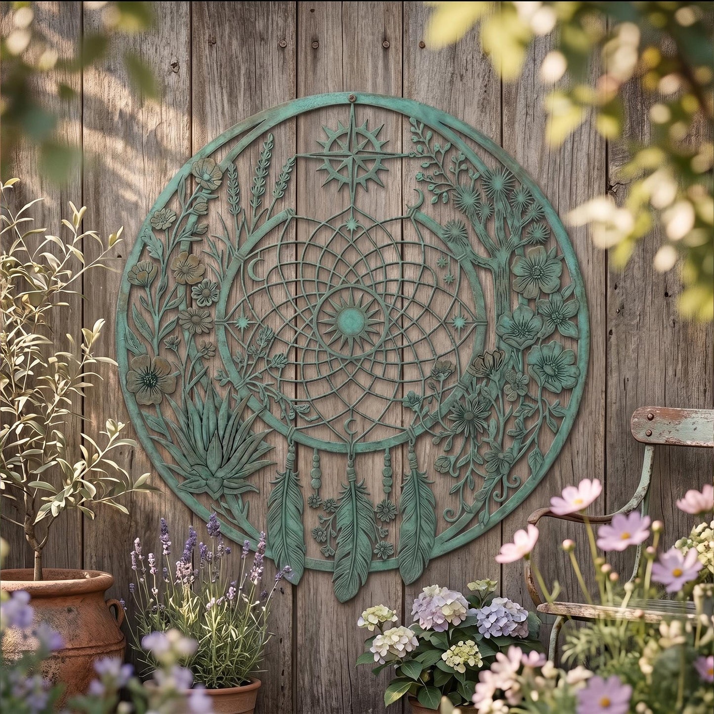 Metal Dreamcatcher Wall Art, Large Round Garden Decor, Outdoor Wall Hanging, Metal Feather and Flower Art, Decorative Patio Ornament