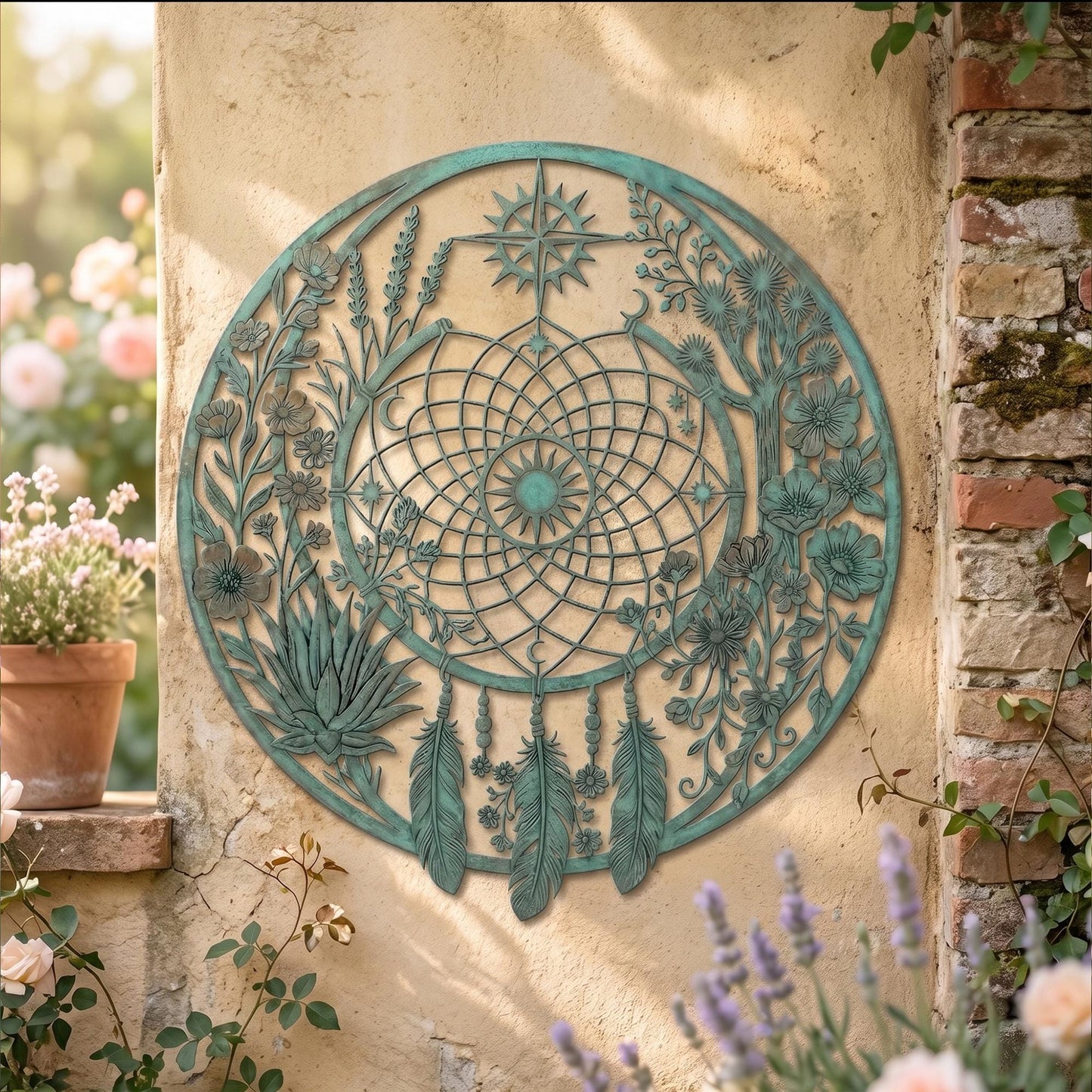 Metal Dreamcatcher Wall Art, Large Round Garden Decor, Outdoor Wall Hanging, Metal Feather and Flower Art, Decorative Patio Ornament