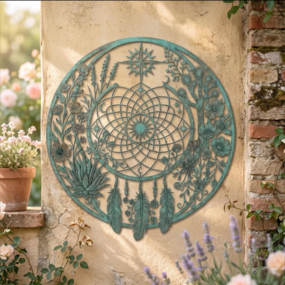 Metal Dreamcatcher Wall Art, Large Round Garden Decor, Outdoor Wall Hanging, Metal Feather and Flower Art, Decorative Patio Ornament