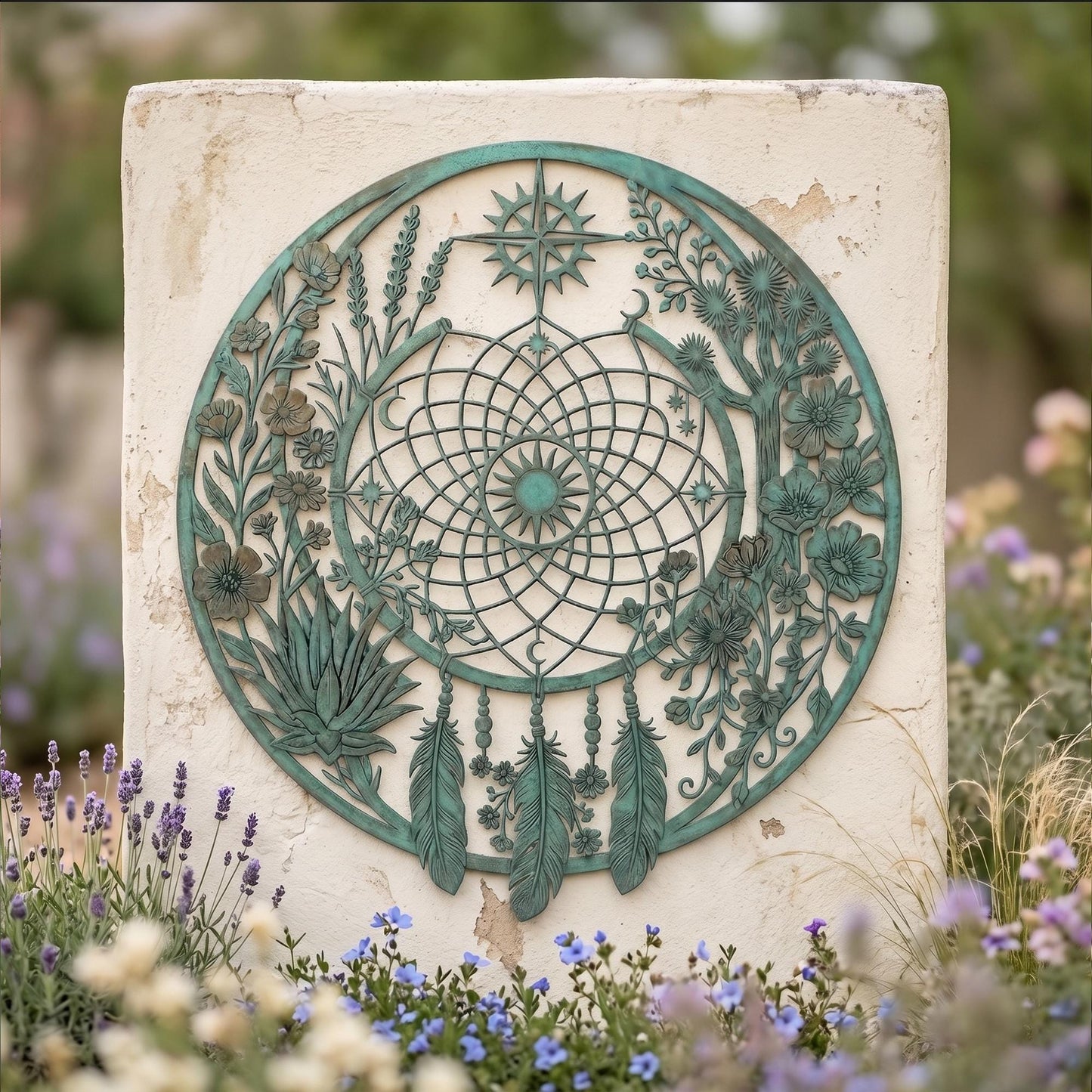 Metal Dreamcatcher Wall Art, Large Round Garden Decor, Outdoor Wall Hanging, Metal Feather and Flower Art, Decorative Patio Ornament