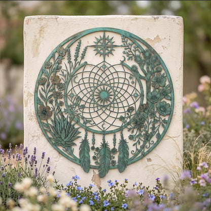 Metal Dreamcatcher Wall Art, Large Round Garden Decor, Outdoor Wall Hanging, Metal Feather and Flower Art, Decorative Patio Ornament