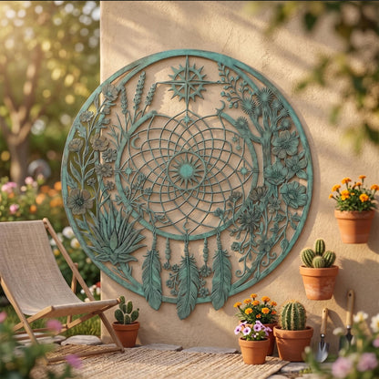 Metal Dreamcatcher Wall Art, Large Round Garden Decor, Outdoor Wall Hanging, Metal Feather and Flower Art, Decorative Patio Ornament