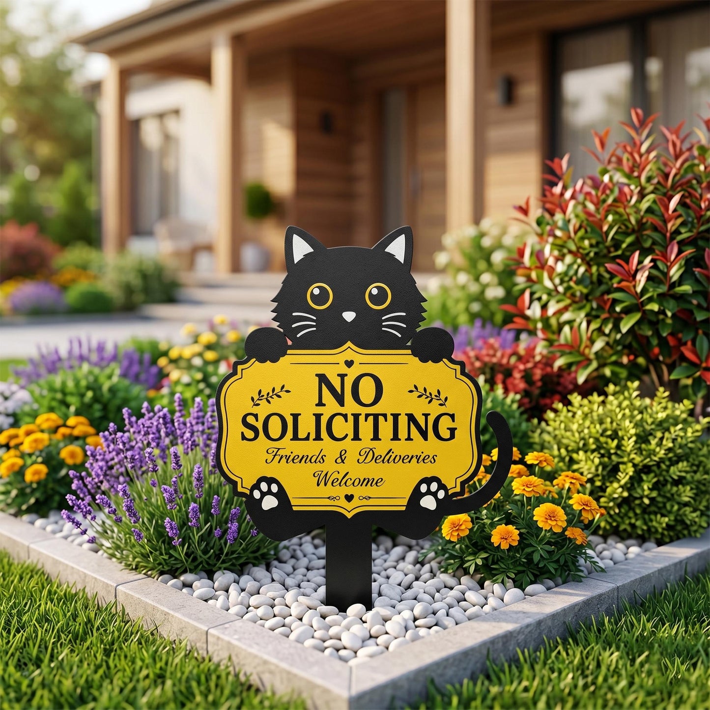 Funny Black Cat No Soliciting Sign, Metal Garden Stake for Cat Lovers, Outdoor Welcome Sign, Decorative Yard Art, Housewarming Gift