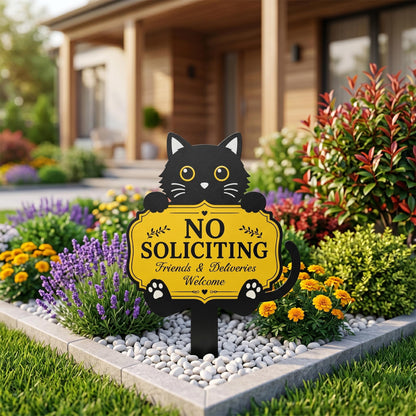 Funny Black Cat No Soliciting Sign, Metal Garden Stake for Cat Lovers, Outdoor Welcome Sign, Decorative Yard Art, Housewarming Gift
