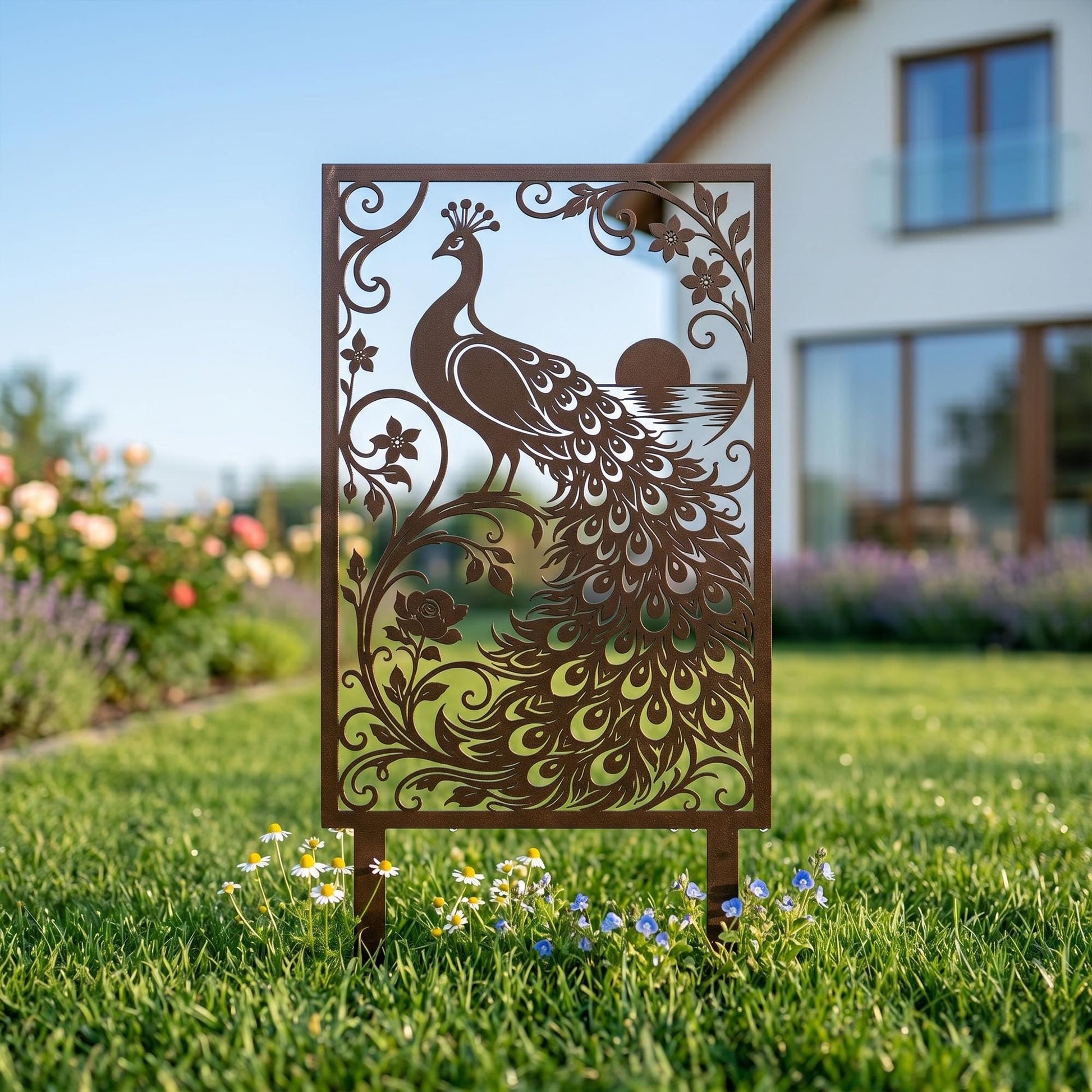 Metal Bird Garden Decoration, Peacock Yard Stake for Flower Bed, Outdoor Metal Art Panel, Decorative Garden Border Sign