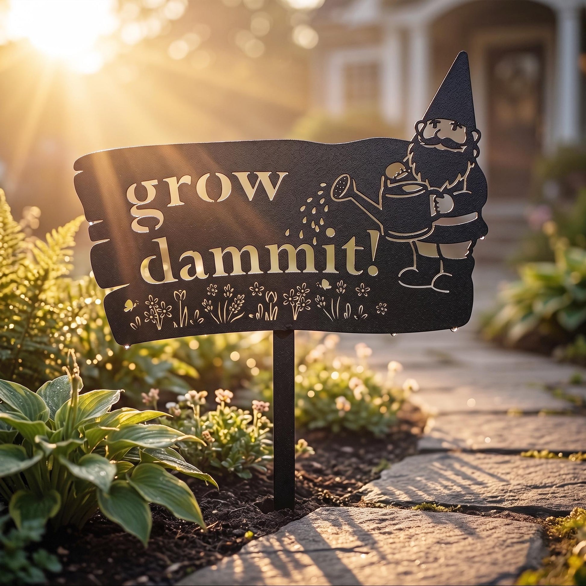 Funny Metal Garden Sign, Grow Dammit Yard Stake, Garden Gnome Outdoor Decor, Humorous Housewarming Gift