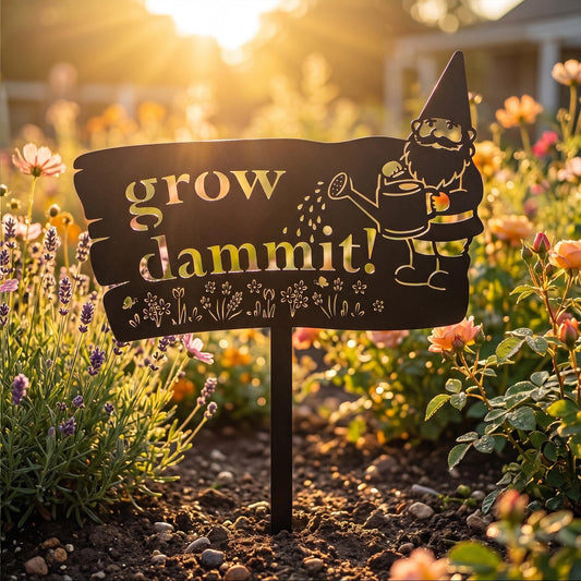 Funny Metal Garden Sign, Grow Dammit Yard Stake, Garden Gnome Outdoor Decor, Humorous Housewarming Gift