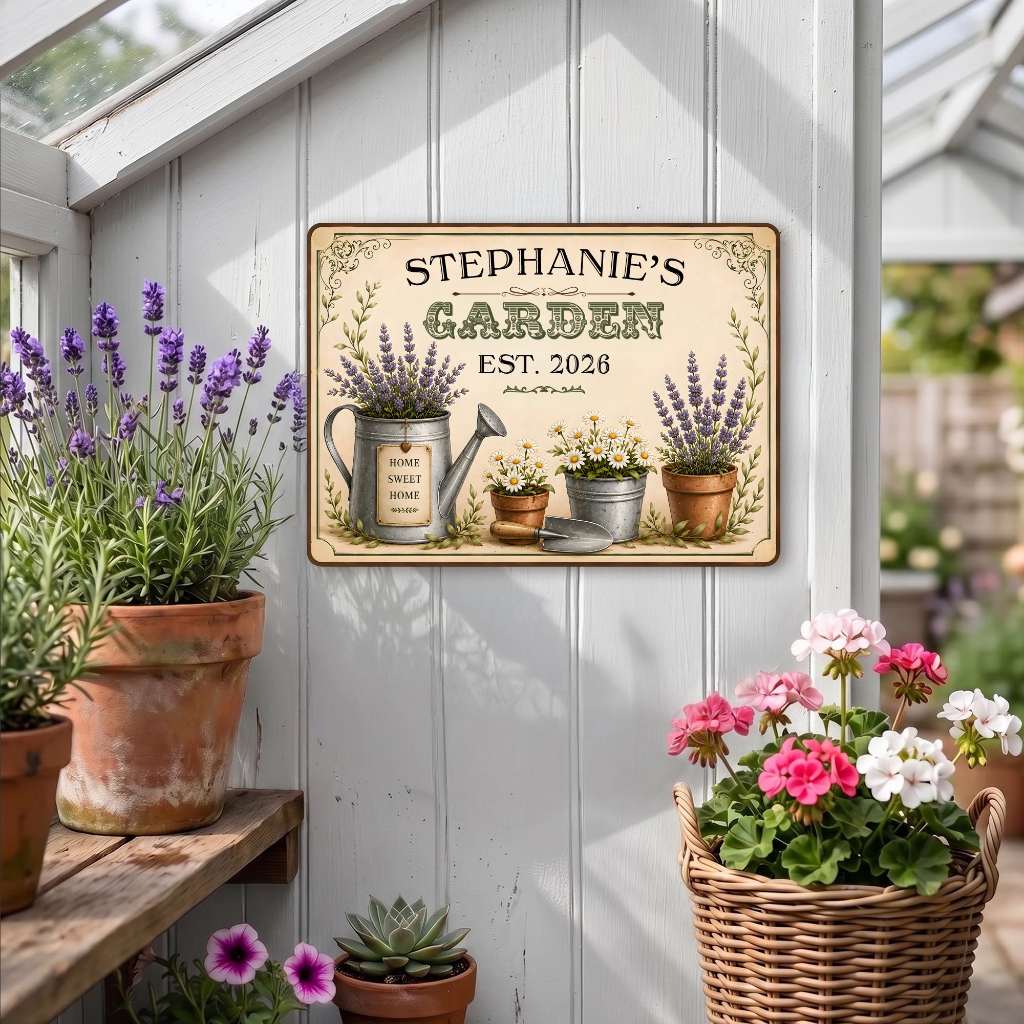 Personalized Garden Metal Sign, Custom Name Outdoor Wall Decor, Vintage Floral Yard Art, Lavender Garden Decoration