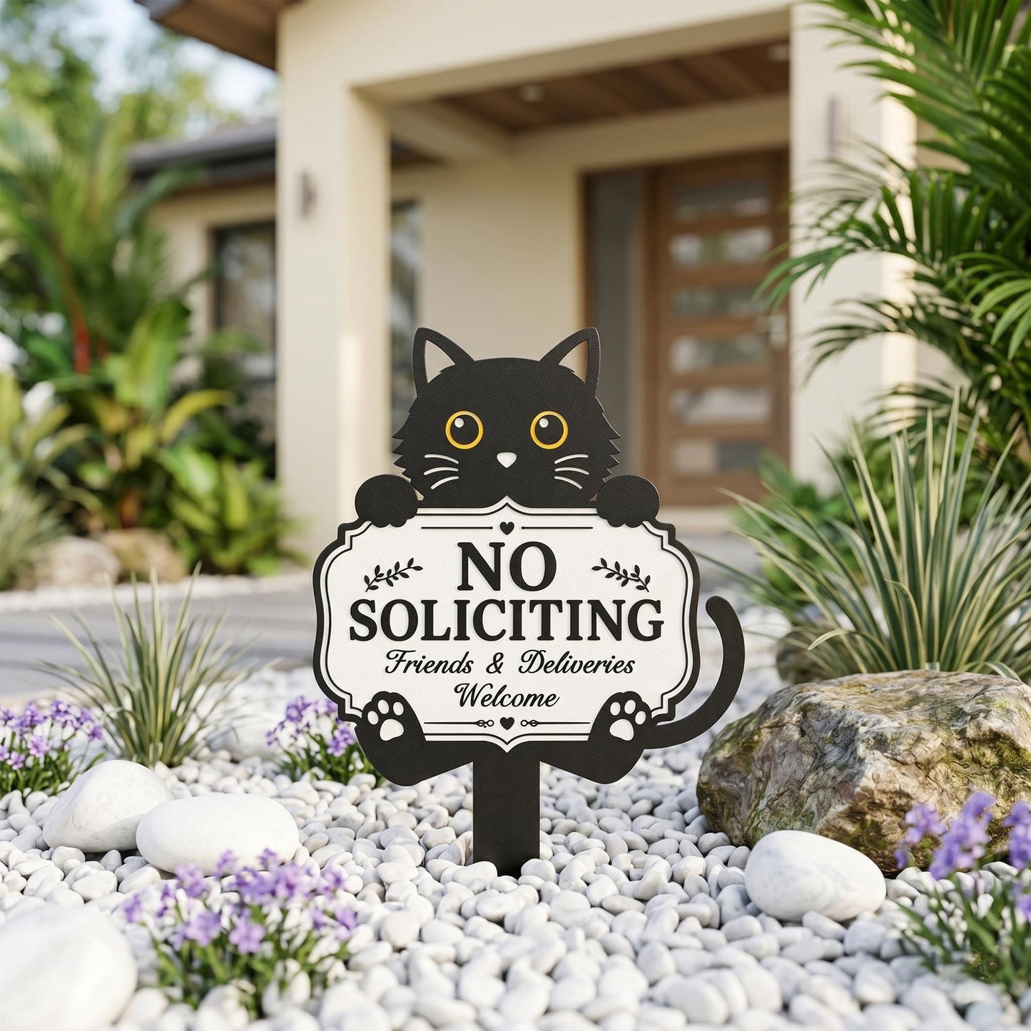 Funny Black Cat No Soliciting Sign, Metal Garden Stake for Cat Lovers, Outdoor Welcome Sign, Decorative Yard Art, Housewarming Gift