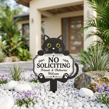 Funny Black Cat No Soliciting Sign, Metal Garden Stake for Cat Lovers, Outdoor Welcome Sign, Decorative Yard Art, Housewarming Gift