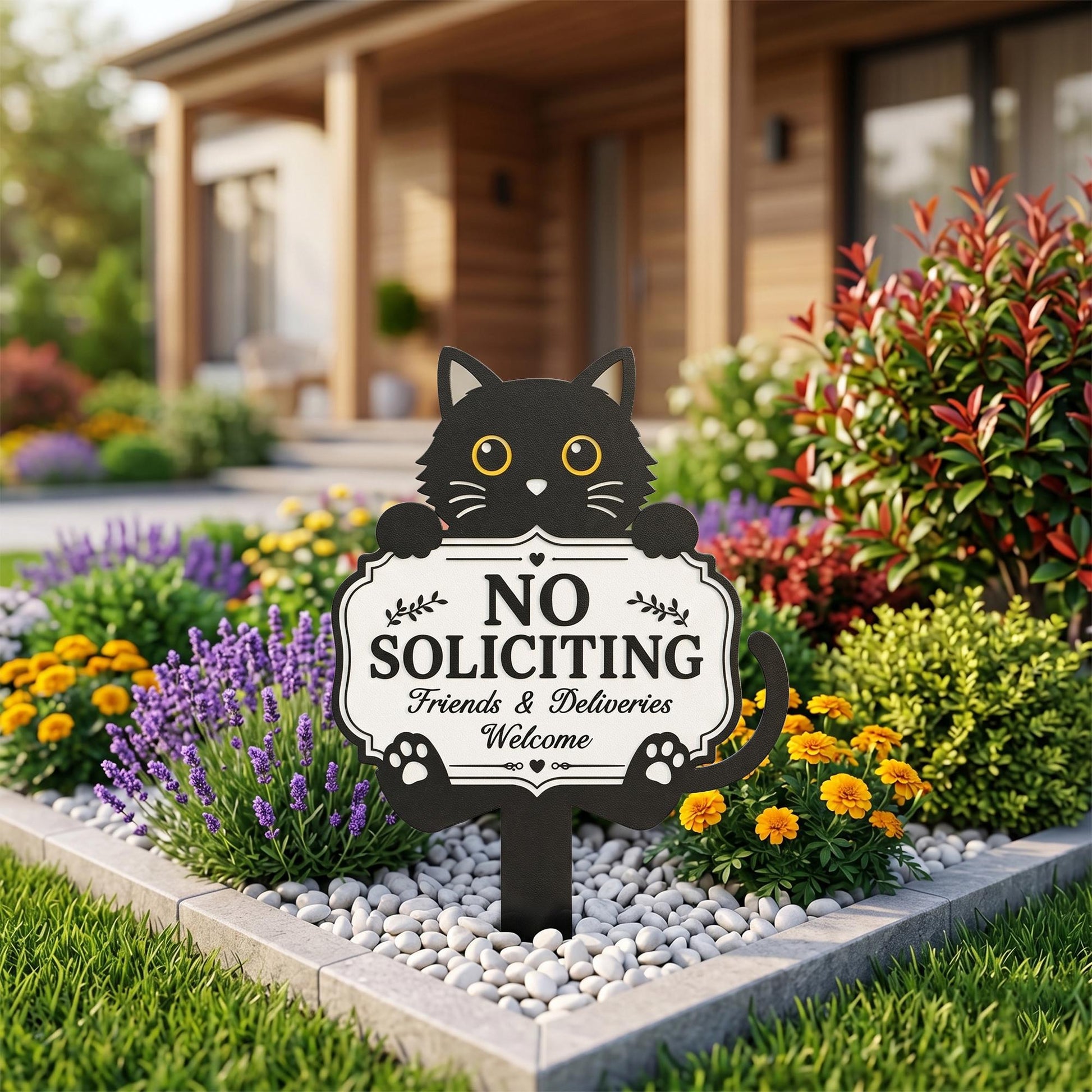 Funny Black Cat No Soliciting Sign, Metal Garden Stake for Cat Lovers, Outdoor Welcome Sign, Decorative Yard Art, Housewarming Gift