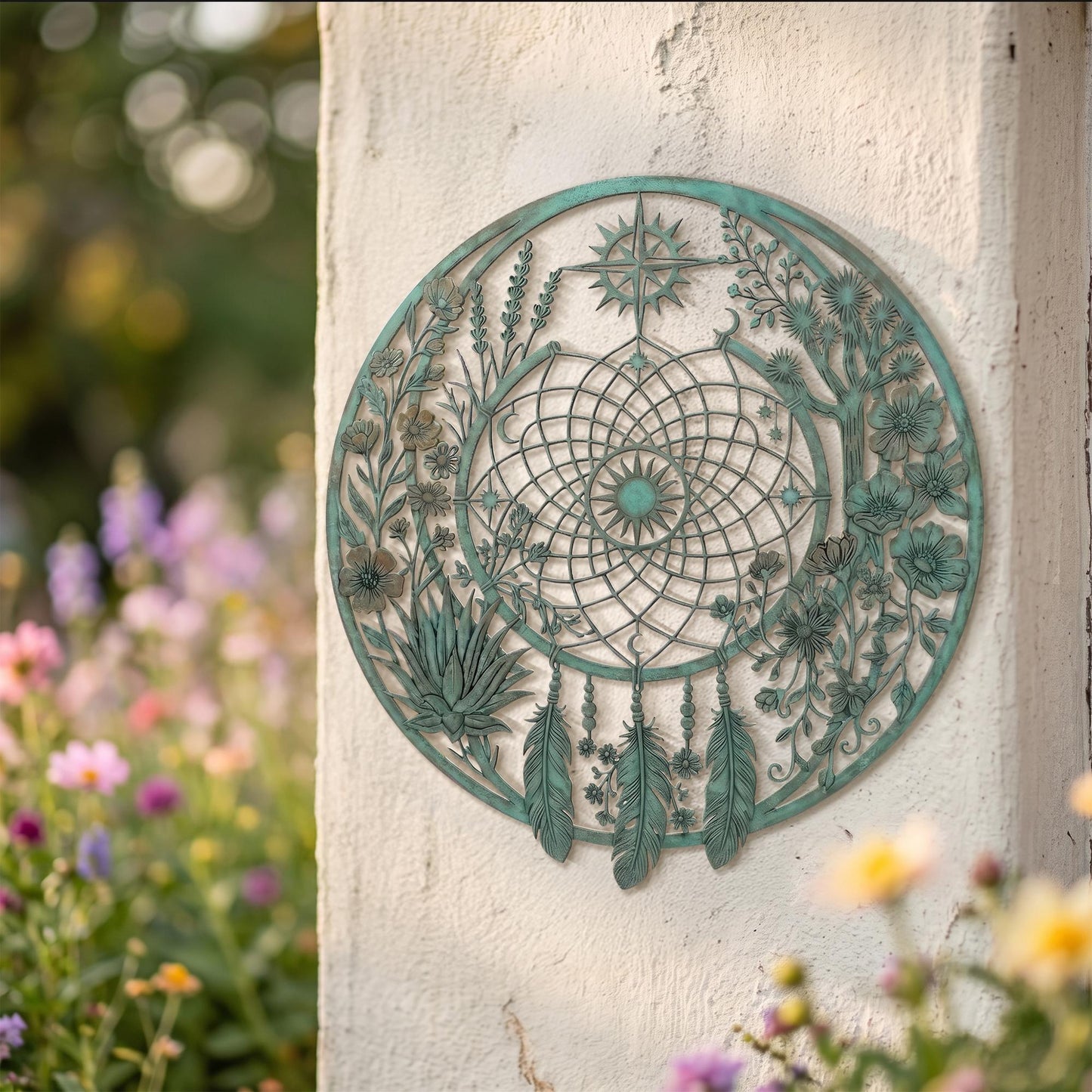 Metal Dreamcatcher Wall Art, Large Round Garden Decor, Outdoor Wall Hanging, Metal Feather and Flower Art, Decorative Patio Ornament