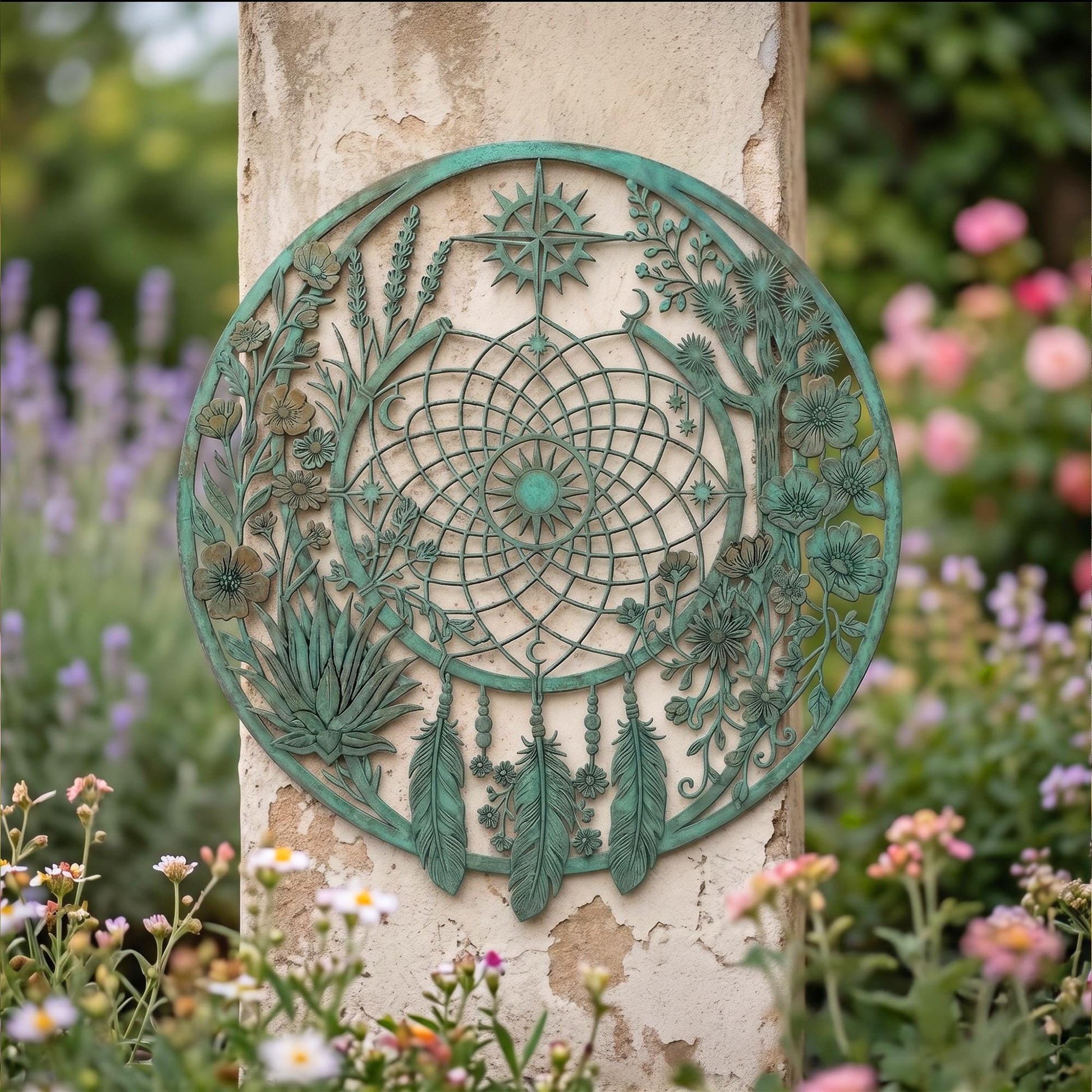 Metal Dreamcatcher Wall Art, Large Round Garden Decor, Outdoor Wall Hanging, Metal Feather and Flower Art, Decorative Patio Ornament