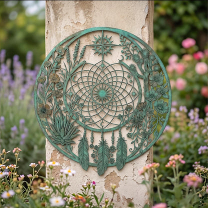 Metal Dreamcatcher Wall Art, Large Round Garden Decor, Outdoor Wall Hanging, Metal Feather and Flower Art, Decorative Patio Ornament
